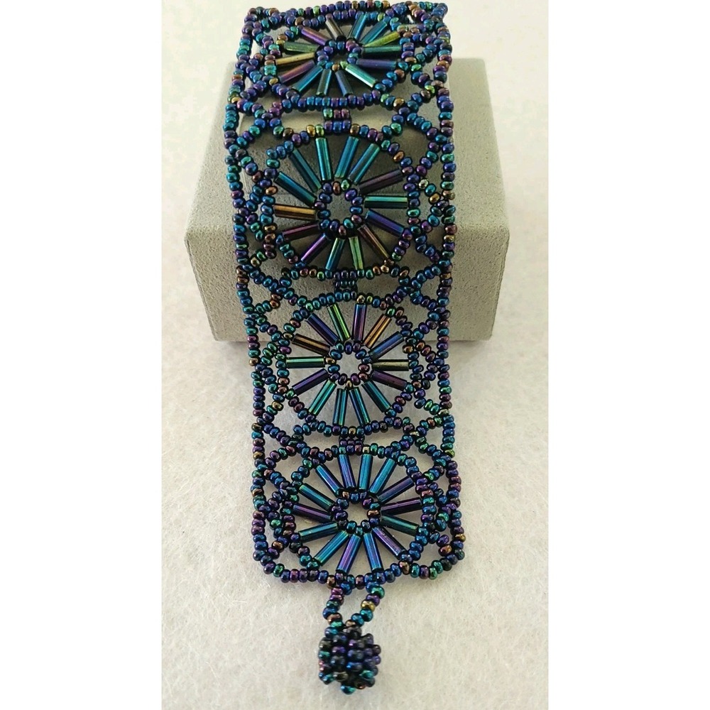 Artisan Iridescent Seed Bead Cuff Bracelet Sunburst Bugle Bead 6.5" 1.5" Wide